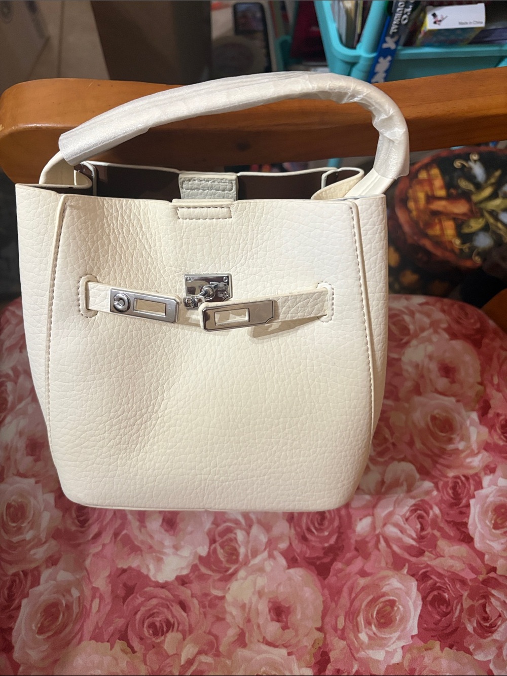 Cream Textured Top-Handle Tote Bag with Silver Hardware
